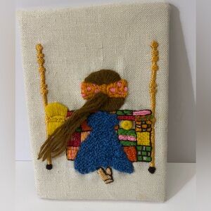 Vintage Finished Crewel Little Girl, 70s Needlepoint Wall Art Ready for framing